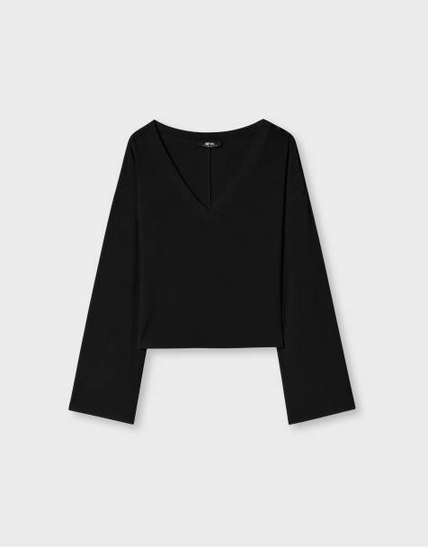 Stradivarius t-shirt col V à manches kimono noir - view 1