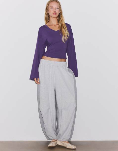 Stradivarius T-shirt col V à manches kimono violet - view 1