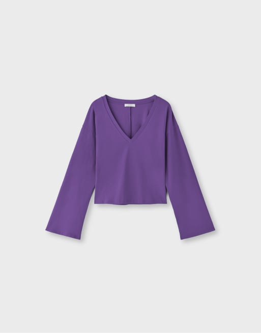 Stradivarius T-shirt col V à manches kimono violet, 6 de 7