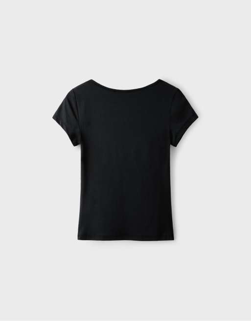 Stradivarius T-shirt col V en polyamide noir, 7 de 7