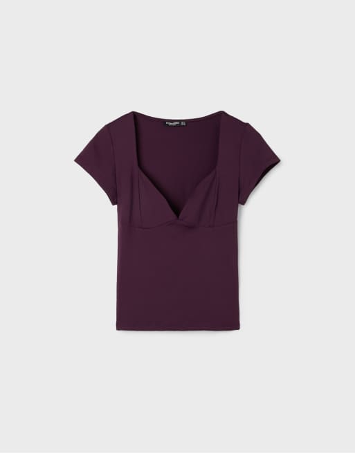 Stradivarius t-shirt col V en polyamide violet, 6 de 7