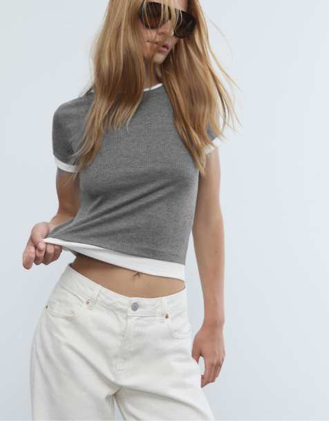 Stradivarius - T-shirt color grigio scuro con effetto doppio strato a contrasto - view 1