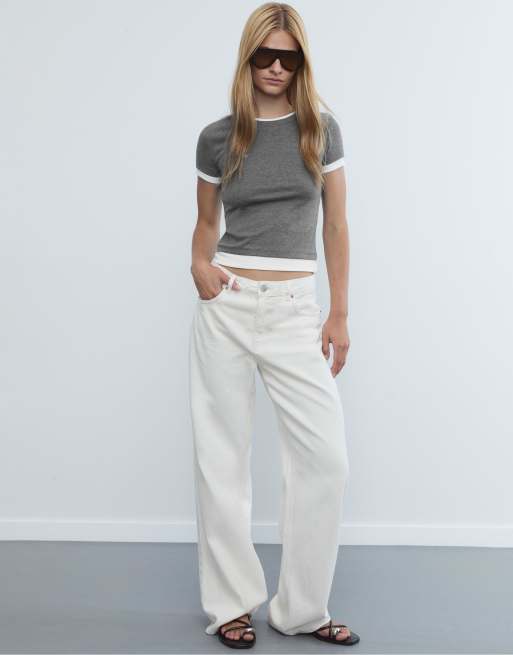 Stradivarius - T-shirt color grigio scuro con effetto doppio strato a contrasto, 2 di 4