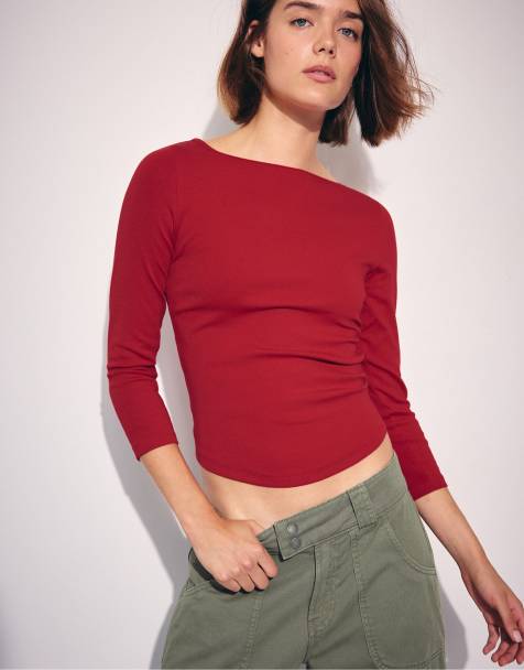 Stradivarius t-shirt con scollo a barchetta e maniche 3/4 rossa - view 1