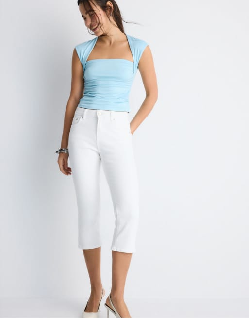 Stradivarius - T-shirt con scollo squadrato e arricciatura in poliammide turchese, 2 di 4