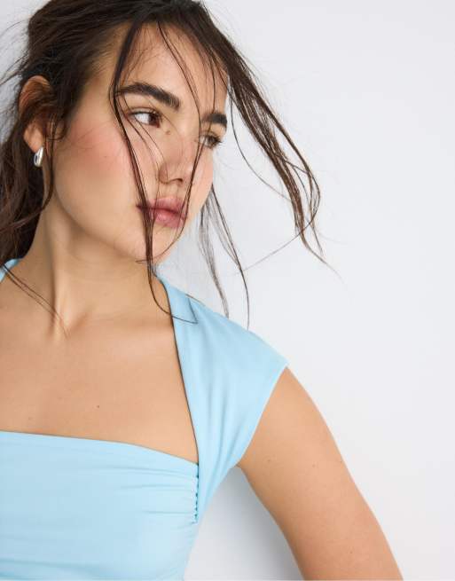 Stradivarius - T-shirt con scollo squadrato e arricciatura in poliammide turchese, 3 di 4