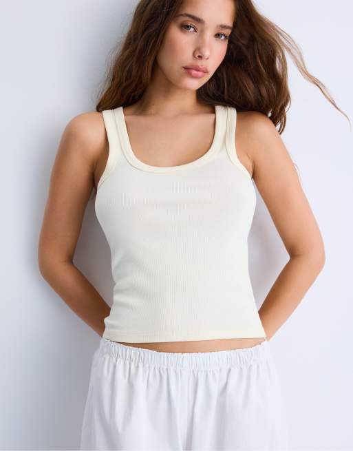 Stradivarius - T-shirt côtelé à dos nageur - Jaune pastel, 2 de 4