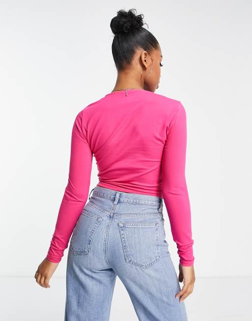 Stradivarius - T-shirt crop top à manches longues effet noué - Rose , 2 de 4