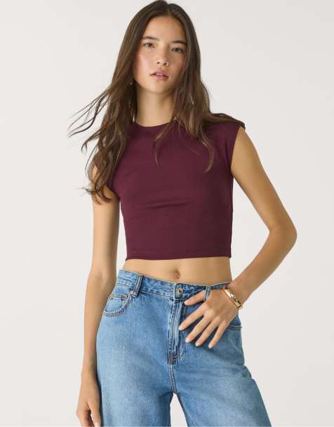 Stradivarius - T-shirt crop top basique ajusté - Aubergine - view 1