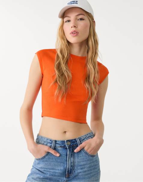 Stradivarius - T-shirt crop top basique ajusté - Orange - view 1