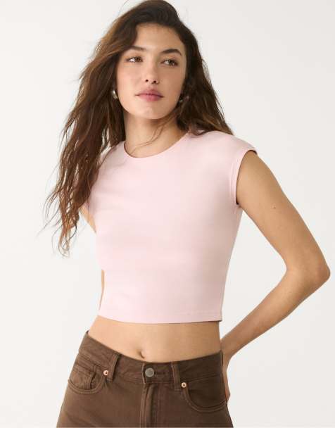 Stradivarius - T-shirt crop top basique ajusté - Rose pastel - view 1