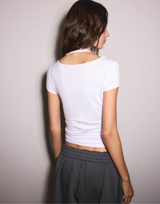 Stradivarius - T-shirt double épaisseur à manches courtes - Blanc, 3 de 4