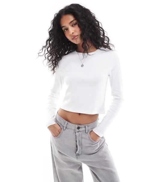 Stradivarius - T-shirt en coton à manches longues et encolure ronde - Blanc - view 1