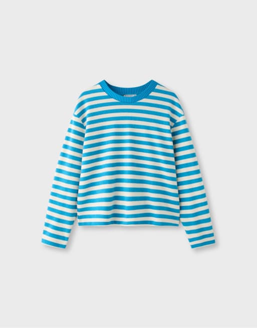 Stradivarius T-shirt en maille à col rond à rayures turquoise, 6 de 7