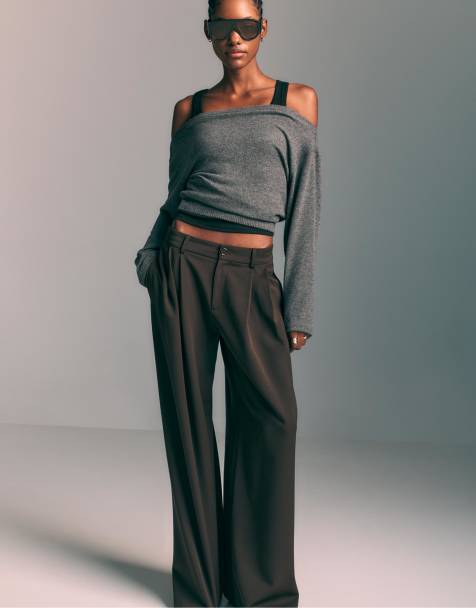 Stradivarius - T-shirt en maille avec encolure bateau et ceinture - Gris foncé - view 1