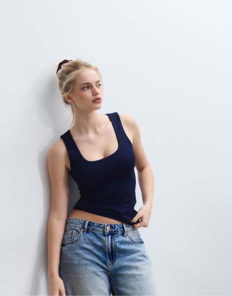 Stradivarius - T-shirt en polyamide à bretelles larges - Bleu marine - view 1