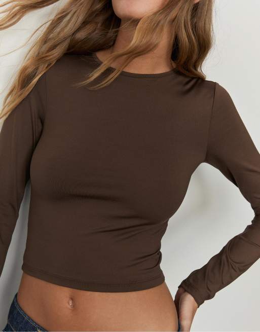 Stradivarius - T-shirt en polyamide à manches longues - Marron, 4 de 4