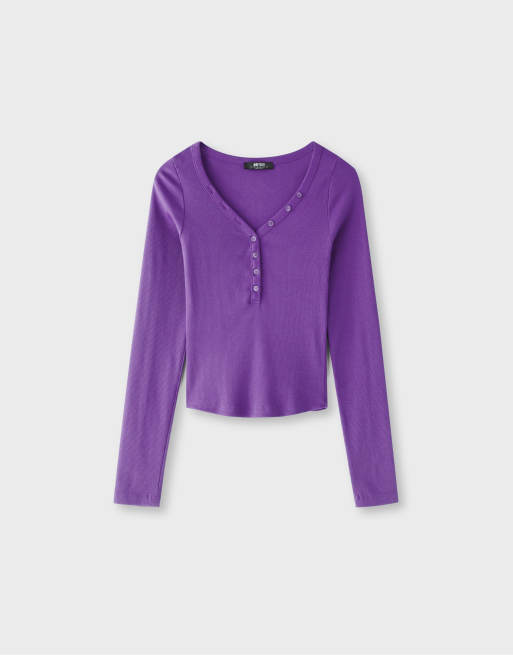 Stradivarius t-shirt henley manches longues violet, 6 de 7