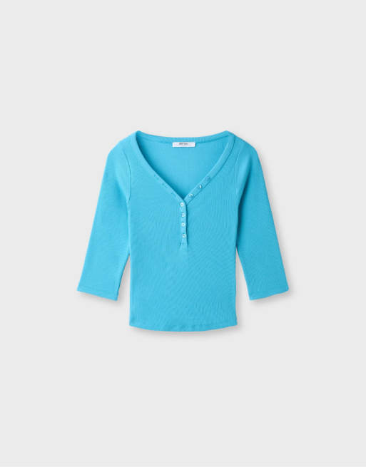 Stradivarius t-shirt Henley turquoise, 6 de 7