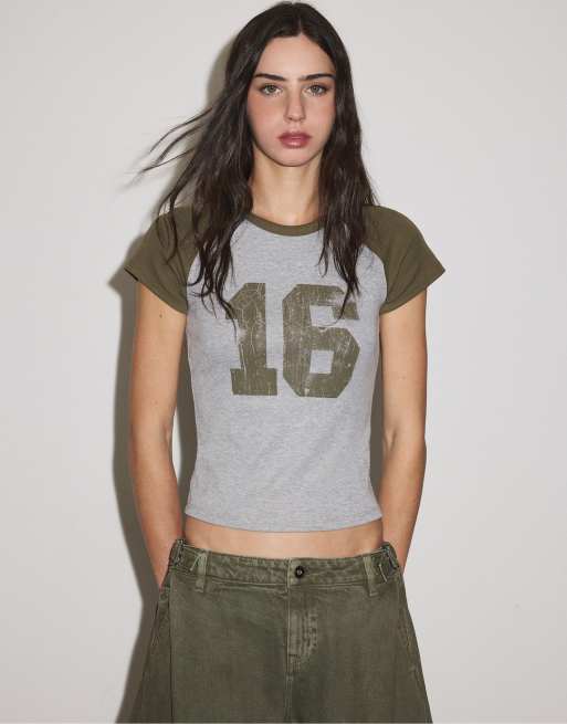 Stradivarius T-shirt imprimé à manches courtes kaki, 5 de 7