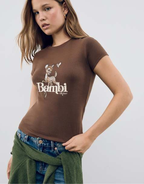 Stradivarius – T-Shirt in Braun mit Bambi-Aufdruck - view 1