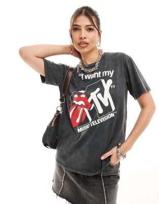 Stradivarius - T-Shirt in Grau mit MTV-Grafik