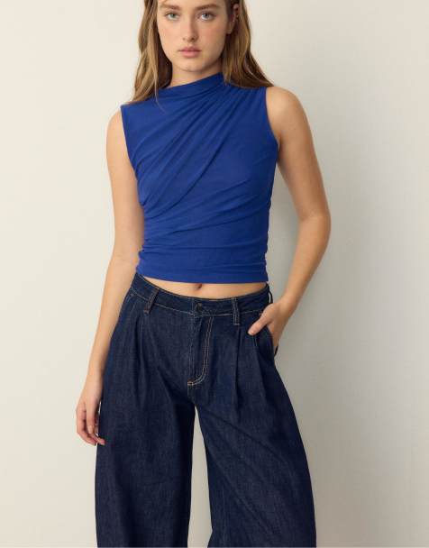 Stradivarius - T-shirt in tulle raccolto blu elettrico - view 1