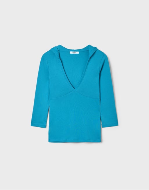 Stradivarius t-shirt med 3/4-ärm och huva i teal, 6 av 7