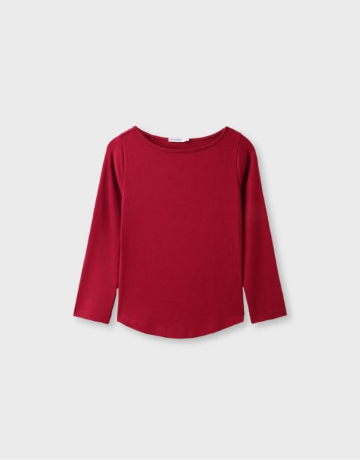 Stradivarius T-shirt med bådudskæring og 3/4-ærmer i rød, 6 af 7