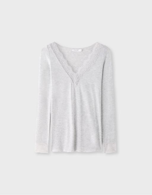Stradivarius t-shirt med lång ärm och v-ringning i gråmelerad kashmirmix, 6 av 7