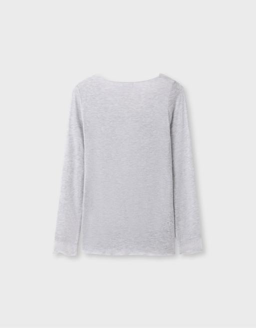 Stradivarius t-shirt med lång ärm och v-ringning i gråmelerad kashmirmix, 7 av 7