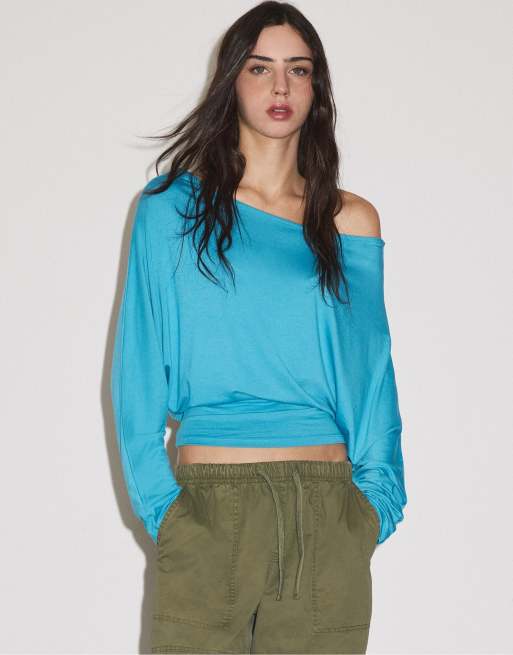 Stradivarius t-shirt med midjeeffekt i teal, 2 av 7