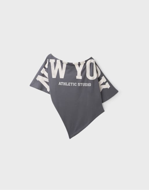 Stradivarius T-shirt med rynkning og print i mørkegrå, 6 af 7