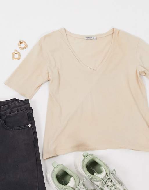 Stradivarius - T-shirt med skulderpuder i stenfarvet syrevask, 4 af 4