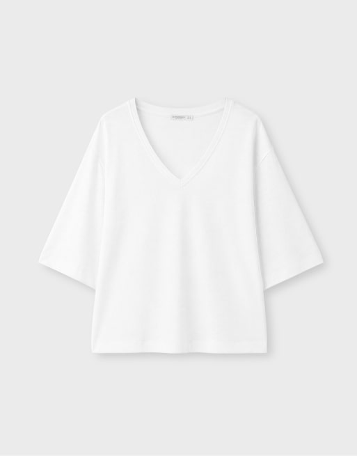 Stradivarius t-shirt med v-ringning i vitt, 6 av 7