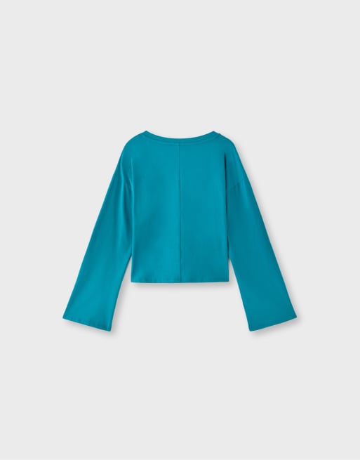 Stradivarius t-shirt med v-ringning och kimonoärmar i turkos, 7 av 7