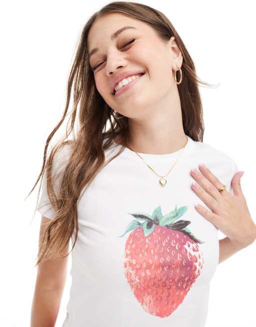 Stradivarius - T-shirt met aardbeiprint in wit