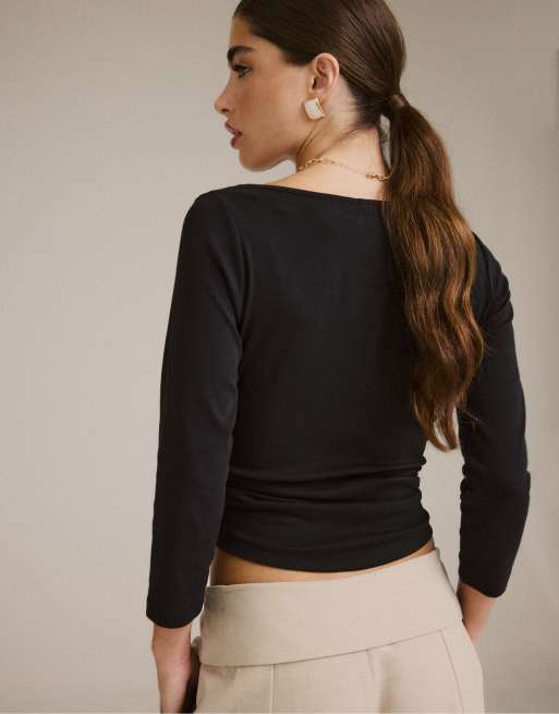 Stradivarius T-shirt met boothals en driekwartmouwen in zwart, 3 van 7
