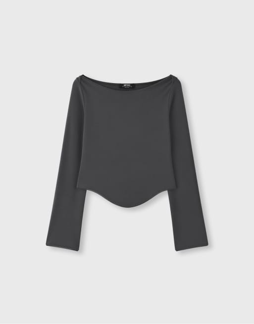 Stradivarius T-shirt met boothals en lange mouwen in donkergrijs, 6 van 7