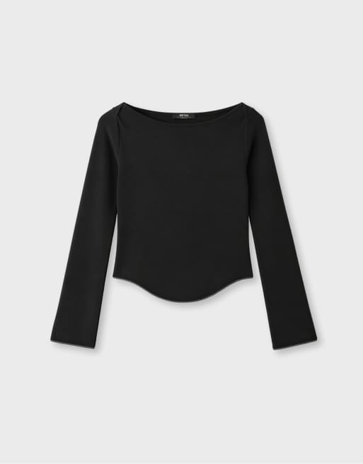 Stradivarius T-shirt met boothals en lange mouwen in zwart, 5 van 6