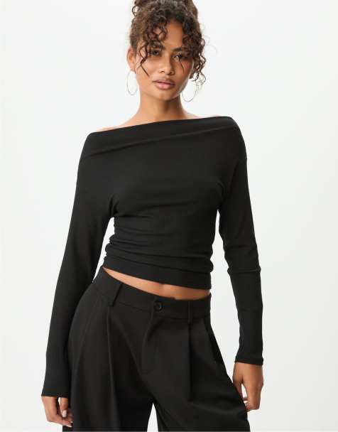 Stradivarius - T-shirt met boothals in zwart - view 1