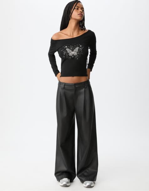 Stradivarius - T-shirt met boothals in zwart - view 1