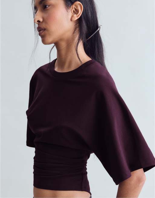 Stradivarius T-shirt met korte kimonomouwen in donkerpaars, 2 van 7