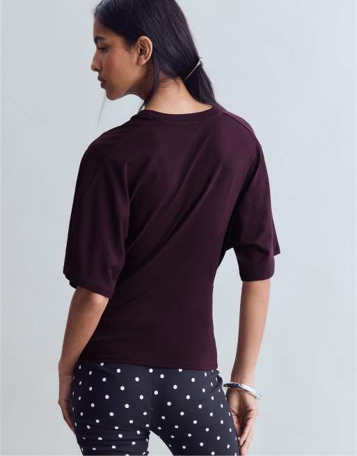 Stradivarius T-shirt met korte kimonomouwen in donkerpaars, 3 van 7