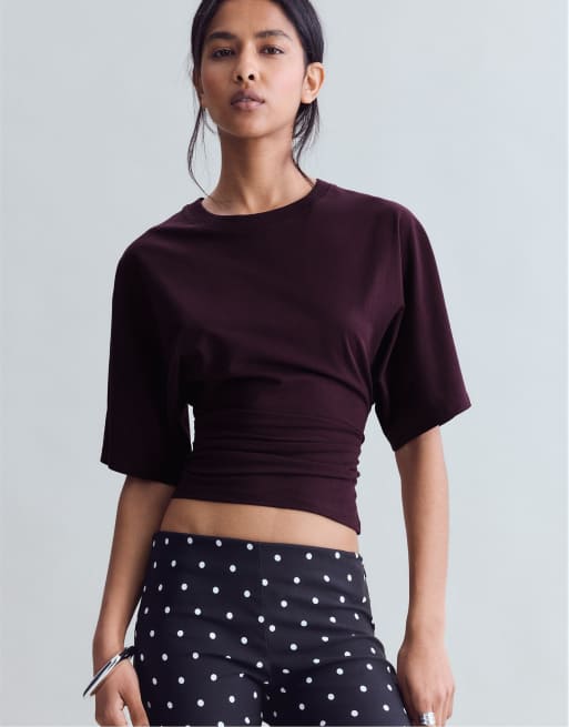 Stradivarius T-shirt met korte kimonomouwen in donkerpaars, 5 van 7