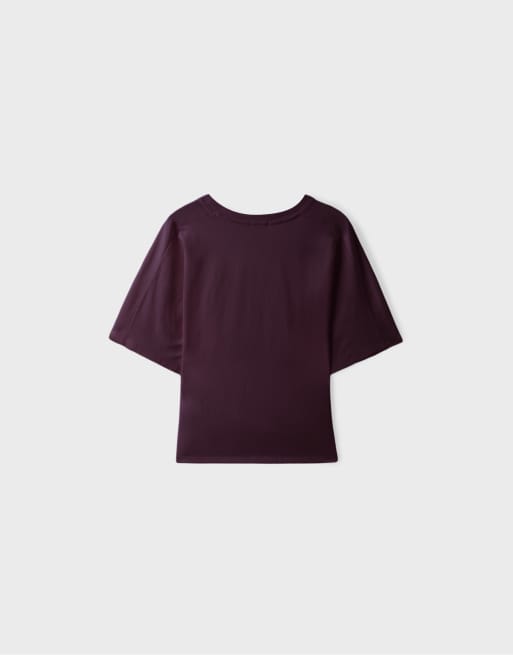 Stradivarius T-shirt met korte kimonomouwen in donkerpaars, 7 van 7
