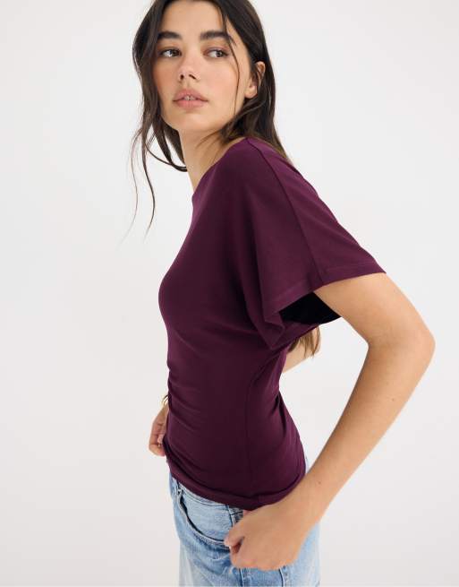 Stradivarius - T-shirt met korte mouwen en boothals in paars, 2 van 4