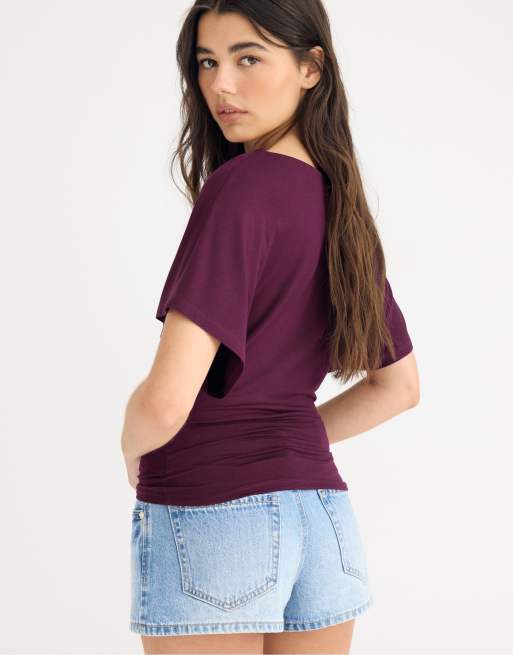 Stradivarius - T-shirt met korte mouwen en boothals in paars, 3 van 4