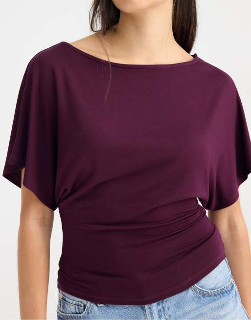 Stradivarius - T-shirt met korte mouwen en boothals in paars, 4 van 4