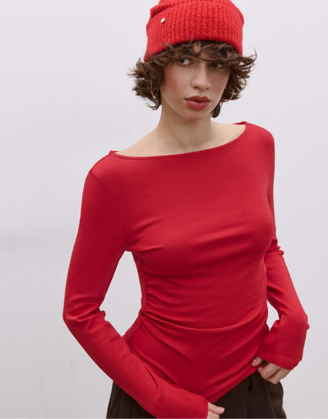 Stradivarius - T-shirt met lange mouwen en rimpeleffect in donkerrood - view 1